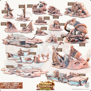 May include: A collection of 3D printed miniature terrain pieces for tabletop games, depicting a pirate harbor with various debris and wreckage. The pieces include a sunken ship, a flipped table, a shark attack, an octopus attack, a treasure chest, barrels, a cannon, and a squid attack. The pieces are painted in a realistic style with brown, gray, and white colors.