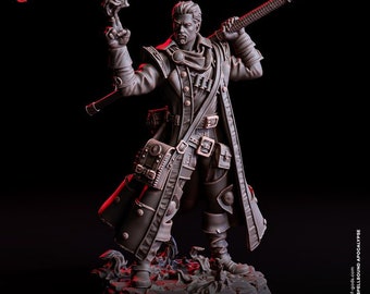 May include: A detailed miniature figurine of a male character with a long coat, holding a sword and a flaming object. The figurine is painted in shades of gray and black, and is standing on a textured base. The text "Roland, Spellslinger" and "Medium - 25 mm base" is visible below the figurine.