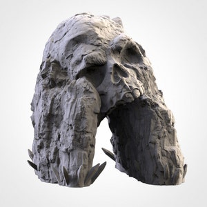 Può includere: Una scultura in pietra grigia di un teschio con un'apertura a forma di grotta. La scultura è dettagliata con formazioni rocciose testurizzate e bordi affilati.