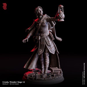 May include: A painted miniature figurine of a female mage holding a lantern. She is wearing a long robe and boots, and is standing on a base of books. The miniature is painted in shades of brown and grey.