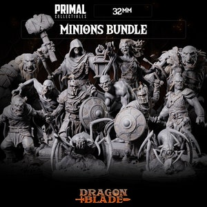 May include: A set of 32mm miniature figures for tabletop gaming. The set includes a variety of fantasy creatures, including orcs, goblins, and a spider. The figures are unpainted and made of grey plastic. The set is labelled "Primal Collectibles" and "Minions Bundle".