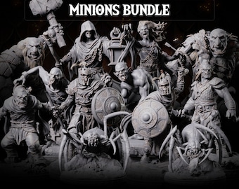 May include: A set of 32mm miniature figures for tabletop gaming. The set includes a variety of fantasy creatures, including orcs, goblins, and a spider. The figures are unpainted and made of grey plastic. The set is labeled "Primal Collectibles" and "Minions Bundle".