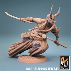 May include: A 3D printed miniature of a horned warrior in a fighting pose, holding a sword in each hand. The warrior is wearing a loincloth and armour, and has a fierce expression on their face. The miniature is pre-supported and ready to be printed.