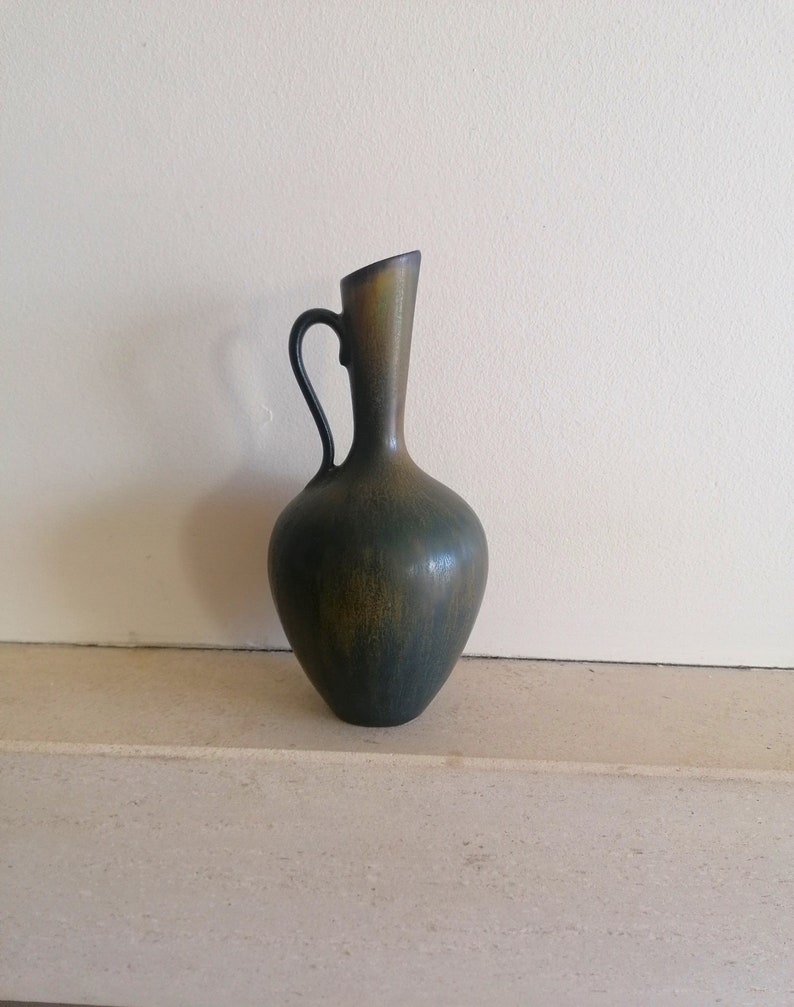 1950s Gunnar Nylund iridescent black brown glaze ceramic pitcher vase Sweden Free shipping included image 1
