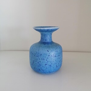 Pode incluir: Um pequeno vaso de cerâmica com corpo arredondado e borda alargada. A superfície apresenta uma cor base azul clara com um padrão salpicado de pontos azul escuro e estrias verticais distribuídas por todo o exterior do recipiente.