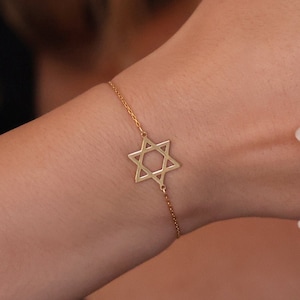 14K ゴールド スター オブ ダビデ ブレスレット、女性へのエレガントなユダヤ人ギフト、宗教ジュエリー、本物のゴールド マーゲン ダビデ ブレスレット、手作りヘブライ ジュエリー