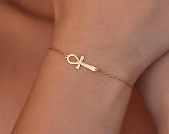 Silver Ankh Bracelet, Dainty Protection Charm, Egyptian Cross Bracelet, Egyptian Symbol of Life Jewelry, Handmade Spiritual Gift