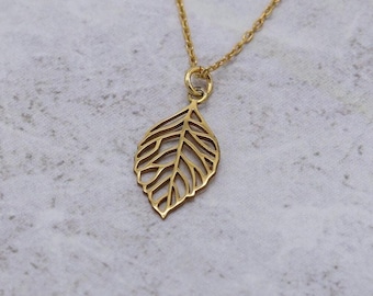 14k Solid Gold Leaf Necklace, Nature Inspired Handmade Jewelry