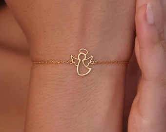 Pulseira de anjo em ouro maciço 14K, pingente delicado, joia de proteção