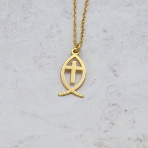 Gold Jesus Fish Cross Necklace,  Christian Faith Jewelry, Ichthys Pendant for Women, Religious Minimalist Jewelry, Perfect Baptism Gift