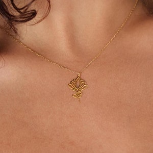 14K Gold Lotus Necklace, Lotus Flower Charm Pendant, Dainty Floral Jewelry, Yoga Lover Gift, Minimalist Spiritual Necklace