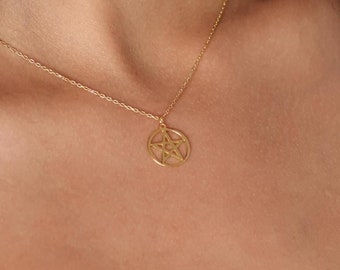14K Gold Pentagram Necklace, Minimalist Charm Pendant