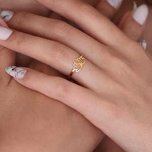 14K Gold Lotus Ring, 925 Sterling Silver Lotus Flower Charm, Dainty Yoga Inspired Jewelry, Spiritual Floral Band, Meditation Jewelry Gift
