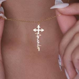 Gold Cross Necklace, 14K Gold Personalized Cross Name Necklace, Custom Christian Jewelry Gift, Elegant Religious Pendant, Baptism Gift