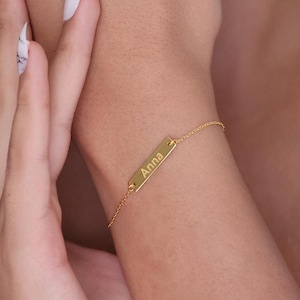 Personalized Bar Name Bracelet, Custom Gold Name Bracelet, Delicate Engraved Gold Bar Bracelet, Customized Gift For Women