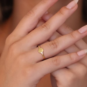 Anel de selo oval, anel com letra inicial, anel redondo personalizado para mindinho, anel de disco com topo plano, anel inicial personalizado, anel redondo de ouro maciço 14k