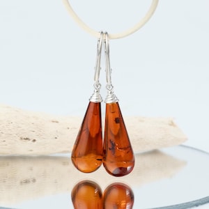 Unique amber earrings, Natural Baltic amber, Authentic amber jewelry, Cognac amber drop, Handmade dangle earrings, Sterling silver leverback