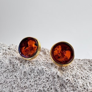Cognac round amber studs, Natural Baltic gemstone earrings, Elegant handmade amber jewelry, Gold plated Baltic amber studs, Gift for wife