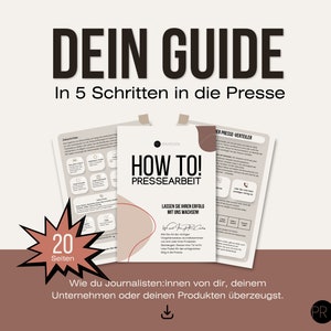 Puede incluir: Una guía rosa y blanca con el título "How To! Pressearbeit" y el texto "Dein Guide In 5 Schritten in die Presse" en negro. La guía tiene una estrella roja con el texto "20 Seiten" en blanco. La guía explica cómo obtener cobertura de prensa para tu negocio.