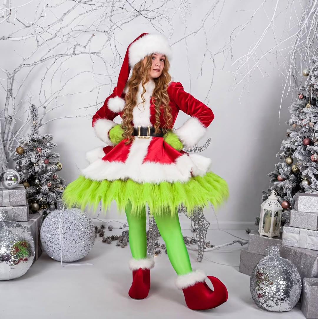 Christmas Grinch Girlfriend Mascot Costume, Xmas Girl Outfit