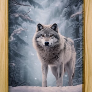 May include: A gray wolf stands in a snowy forest, looking directly at the camera. The wolf is in the foreground, with a blurred background of trees and snow.