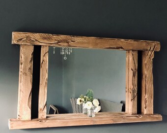 Overhang Pillar shelf mirror - Warm Oak finish Rustic Mirror