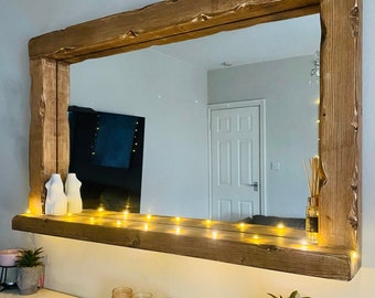 Chunky framed wooden shelf mirror - Light Oak finish