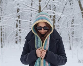 Handmade Crochet Balaclava Scarf, Pastel Rainbow Hood