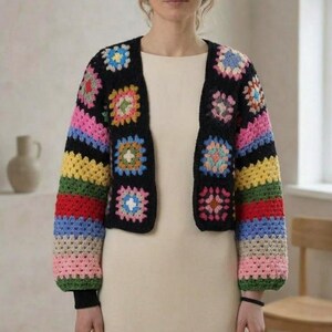 Crochet Granny Square Cardigan, Handmade Colorful Afghan Jacket, Vintage Boho Patchwork Sweater, Oversized Festival Knit Cardigan, Gift for