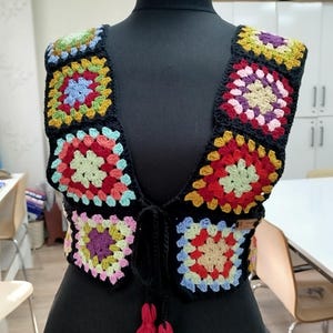 Handmade Crochet Granny Square Vest - Colorful Boho Festival Waistcoat - Retro Hippie Knit Gilet - Women’s Crochet Clothing