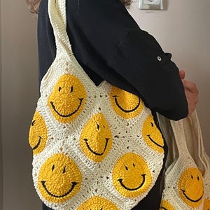 Handmade Crochet Smiley Face Bag – Colorful Grannie Square Shoulder Tote – Funky Hippie Summer Purse