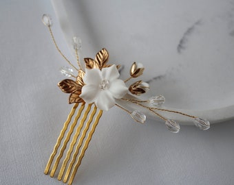 Gold Flower Wedding Hair Comb: Rhinestone Pearl Bridal Hairpiece
