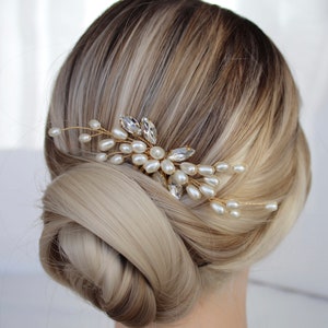 パールウェディングヘアコーム：ゴールドブライダルヘアピース