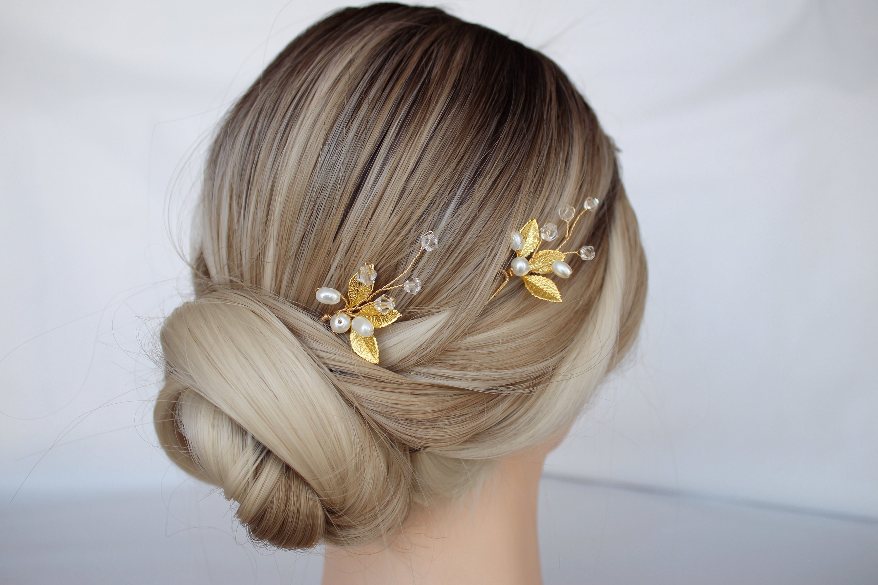 Gold Leaf Pearl Hair Pins: Bridal Rhinestone Hair Piece - Etsy display picture 1