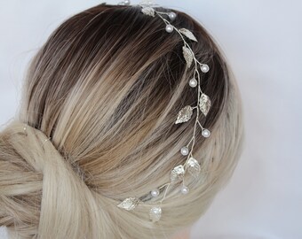 Liane de cheveux argentée, morceau de cheveux de mariage de perle, bandeau de mariée en or, morceau de cheveux de feuille, liane de cheveux de mariage, liane de cheveux de strass, liane de cheveux de fleur