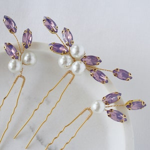 Purple hair pins, lavender hair pins, purple hair accessories, purple tiara, purple flower hair clip, opal hair piece, bridal hair pin