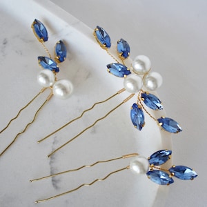 Blue Hair Pin, Sapphire Hair Pins, Blue Hair Accessories, Wedding Pearl Hair Pins,Bridal Hair Piece, Bridesmaid Hair Pin,Navy Blue Hair Pins