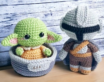 Baby Alien and  Hunter, crochet pattern, amigurumi pattern, crochet green alien, crochet Hunter pattern, English PDF