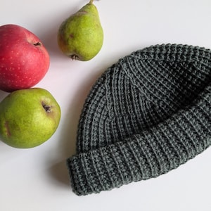 Könnte beinhalten: Eine dunkelgraue Strickmütze mit umgeschlagenem Rand liegt neben einem roten Apfel und zwei grünen Birnen. Die Mütze ist aus einem Rippenstrickstoff gefertigt.