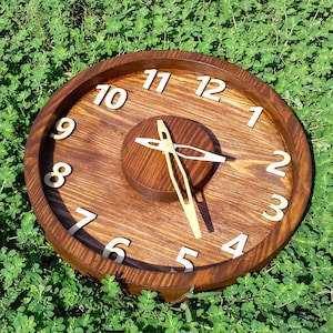 Unusual wooden wall clock with numbers, decorative wood wall clock, designer wooden wall clock, brown wood clock silent wall clock wood