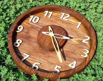 Unusual wooden wall clock with numbers, decorative wood wall clock, designer wooden wall clock, brown wood clock silent wall clock wood