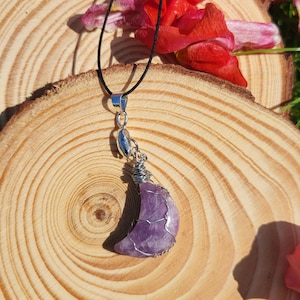 Hand Wrapped Amethyst Crescent Moon Pendant Necklace