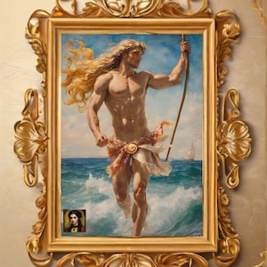 POSEIDON vintage gay classical art, gay reinassance art, lgbt vintage wall art, buff bear gay art, vintage queer painting classical gay deco