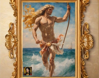 POSEIDON vintage gay classical art, gay reinassance art, lgbt vintage wall art, buff bear gay art, vintage queer painting classical gay deco