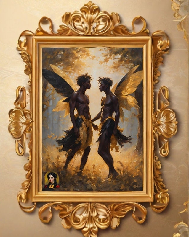 gay fairycore art, lgbtq fairy art, black fantasy art, queer fairycore, black queer cottagecore, black queer vintage art, gay vintage decor