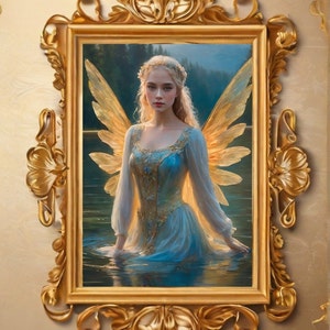 victorian fairy portrait, cottagecore fairy art, fairycore decor, fairy wall art, fairytale art, water fairies painting, botanical art