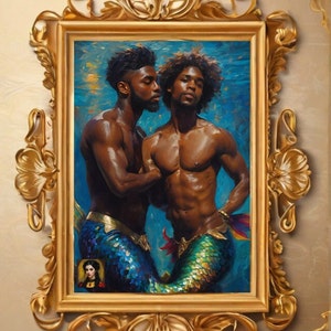 black gay mermaid art, black merman art, gay oceancore deco, vintage renaissance black art, renaissance gay art, antique black mermaid art