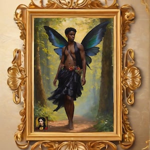 gay fairycore art, lgbtq fairy art, black fantasy art, queer fairycore, black queer cottagecore, black queer vintage art, gay vintage decor