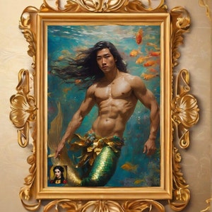 asian gay mermaid art, asian merman art, gay oceancore deco, vintage renaissance asian art, renaissance gay art, antique asian mermaid art