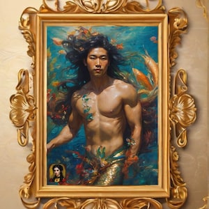 asian gay mermaid art, asian merman art, gay oceancore deco, vintage renaissance asian art, renaissance gay art, antique asian mermaid art